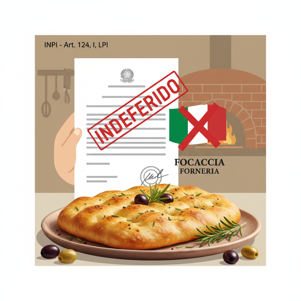 Indeferimento de registro de marca mista Focaccia Forneria no INPI por uso da bandeira da Itália conforme Artigo 124 da LPI.